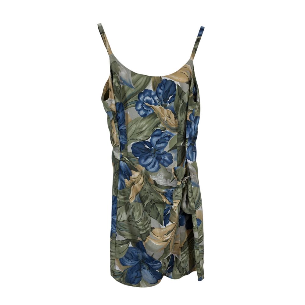 In Sync Vintage Mini Dress Womens 9 Green Floral Spaghetti Strap Side Tie Wrap